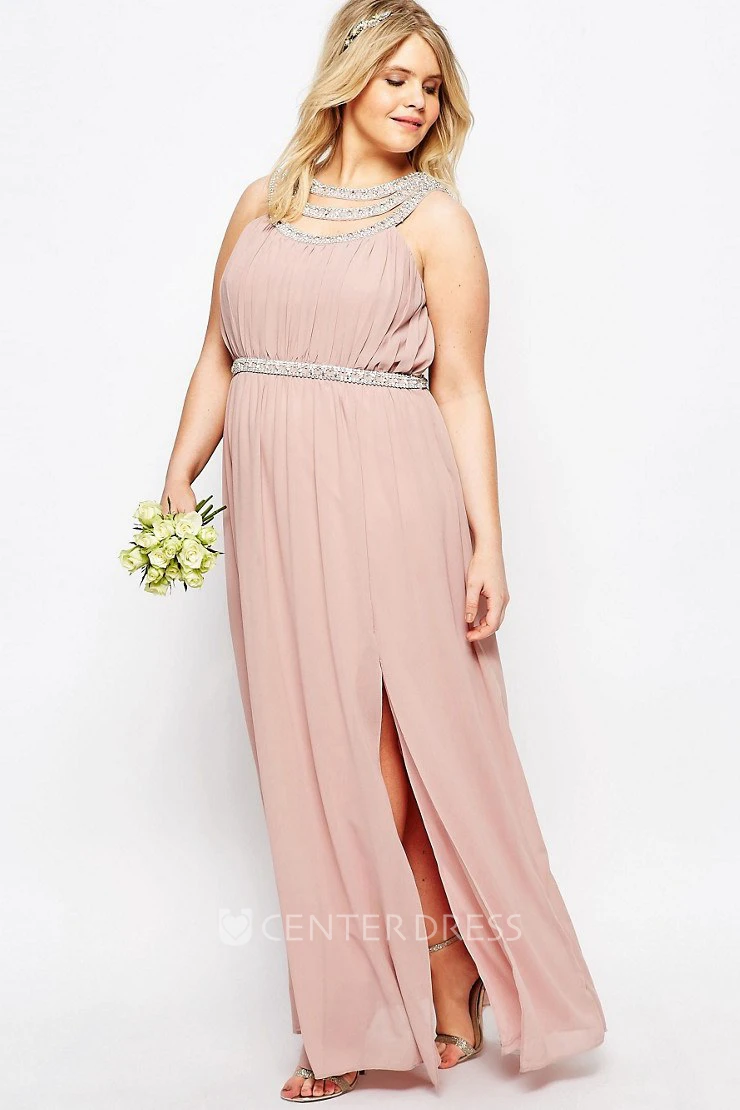 Sheath Floor-Length Scoop-Neck Sleeveless Chiffon Bridesmaid Dress With Beading And V Back