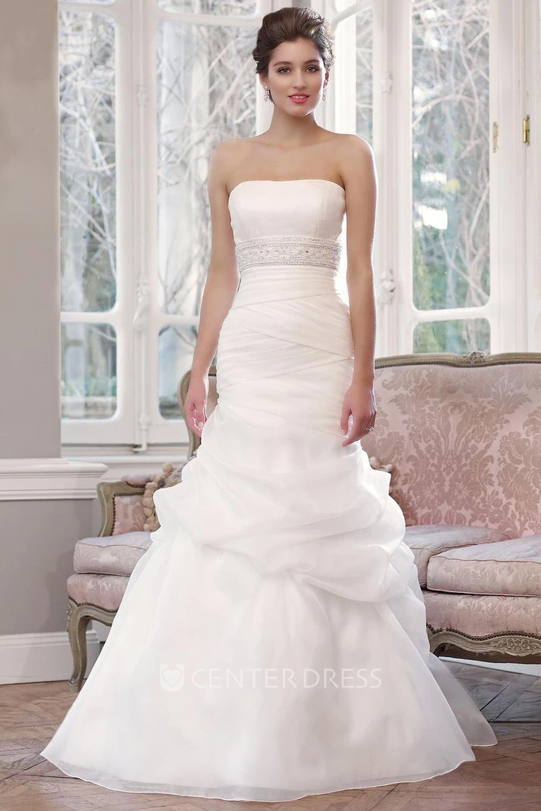 A-Line Strapless Sleeveless Pick-Up Floor-Length Organza&Satin Wedding Dress With Waist Jewellery And Ruching