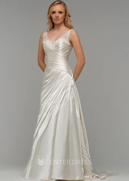 Floor-Length V-Neck Ruched Satin Wedding Dress With Brush Train And Lace Up