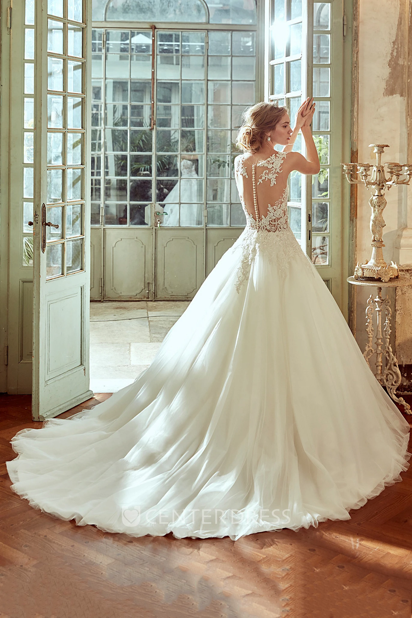 Jewel-Neck A-Line Gown With Illusive Bodice And Multi-Layer Tulle Skirt