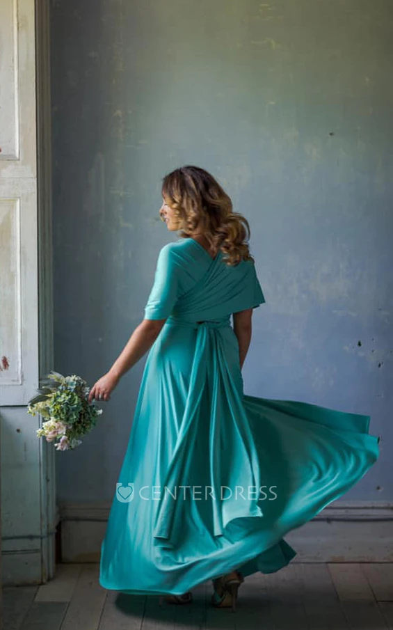 Elegant Convertible V-neck Jersey Bridesmaid Dress With Half Sleeves And Straps Back 