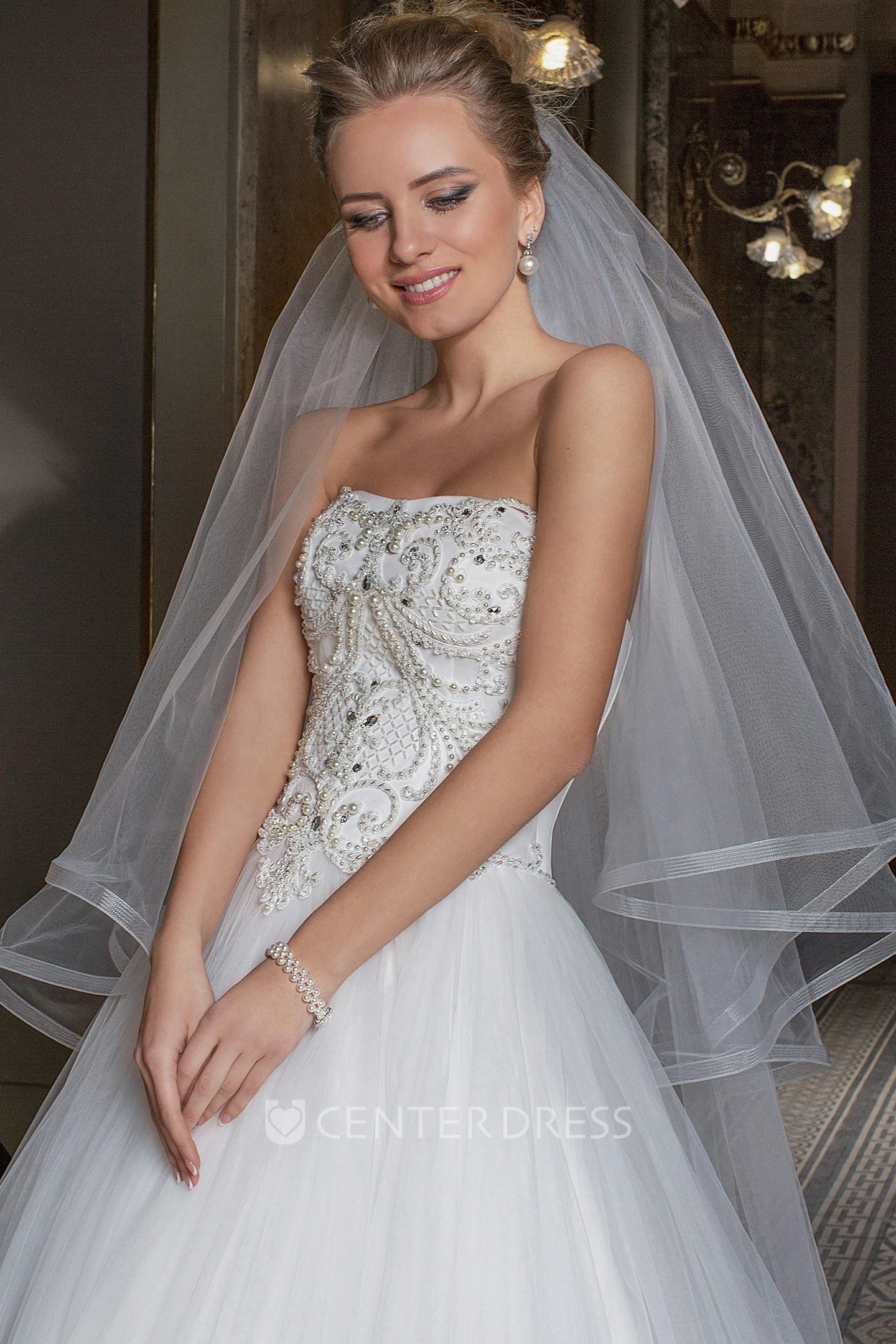 Floor-Length Strapless Beaded Tulle Wedding Dress With Pleats