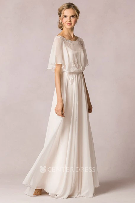 Sheath Scoop-Neck Floor-Length Poet-Sleeve Appliqued Chiffon Warm Wedding Dress With Pleats