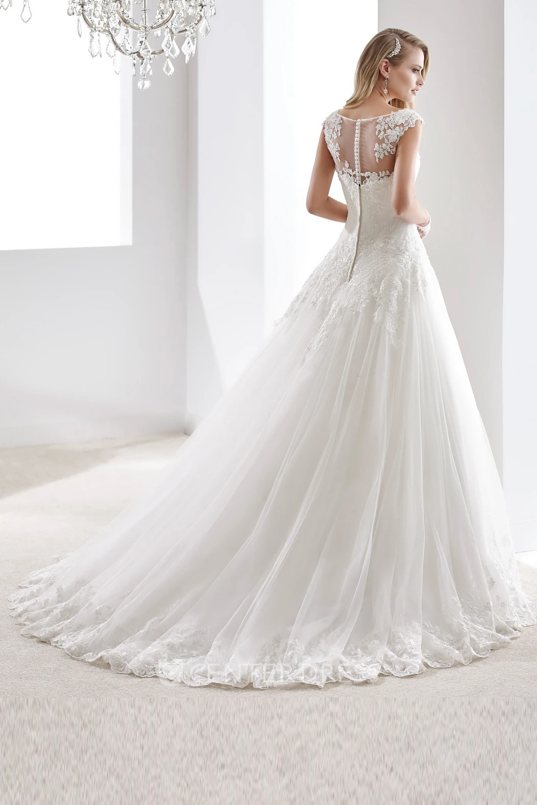 Cap sleeve A-line Illusion Wedding Gown with Appliques and Brush Train