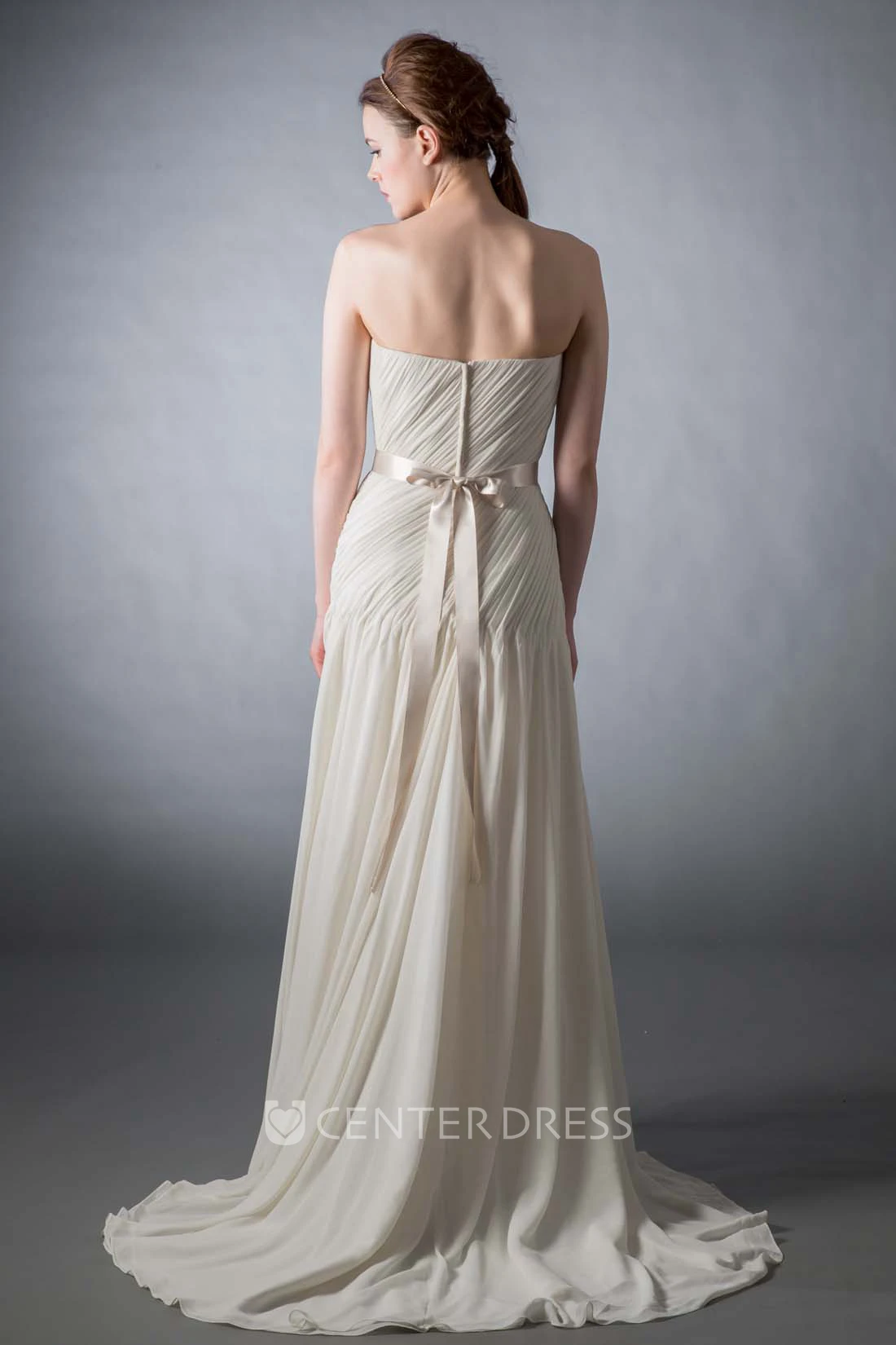 Maxi Strapless Bowed Ruched Chiffon Wedding Dress With Sweep Train