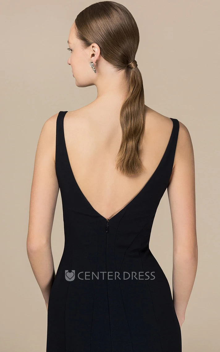 Elegant A Line V-neck Satin Floor-length Backless Evening Dress with Bateau