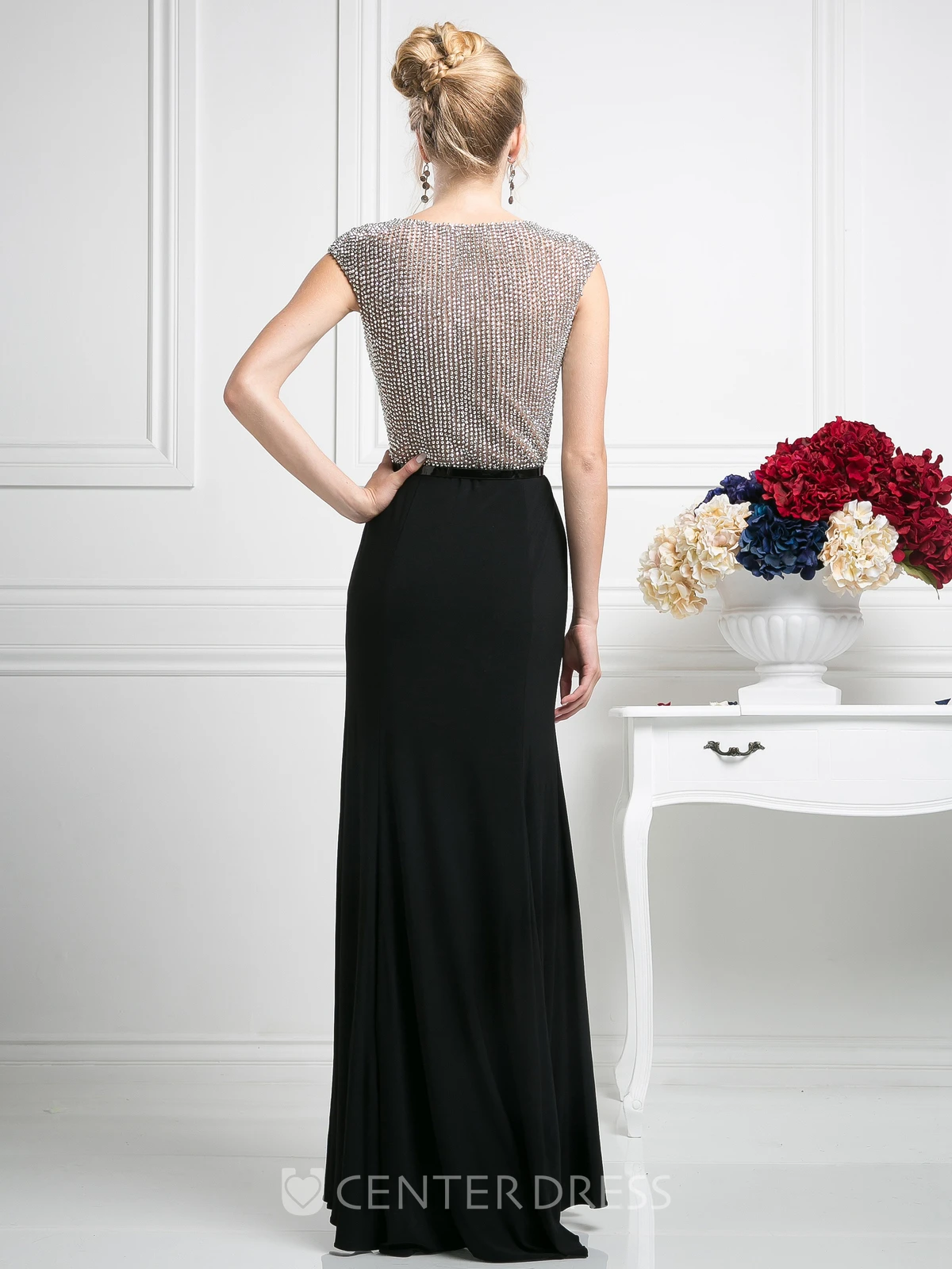Sheath Floor-Length Scoop-Neck Cap-Sleeve Jersey Dress With Beading