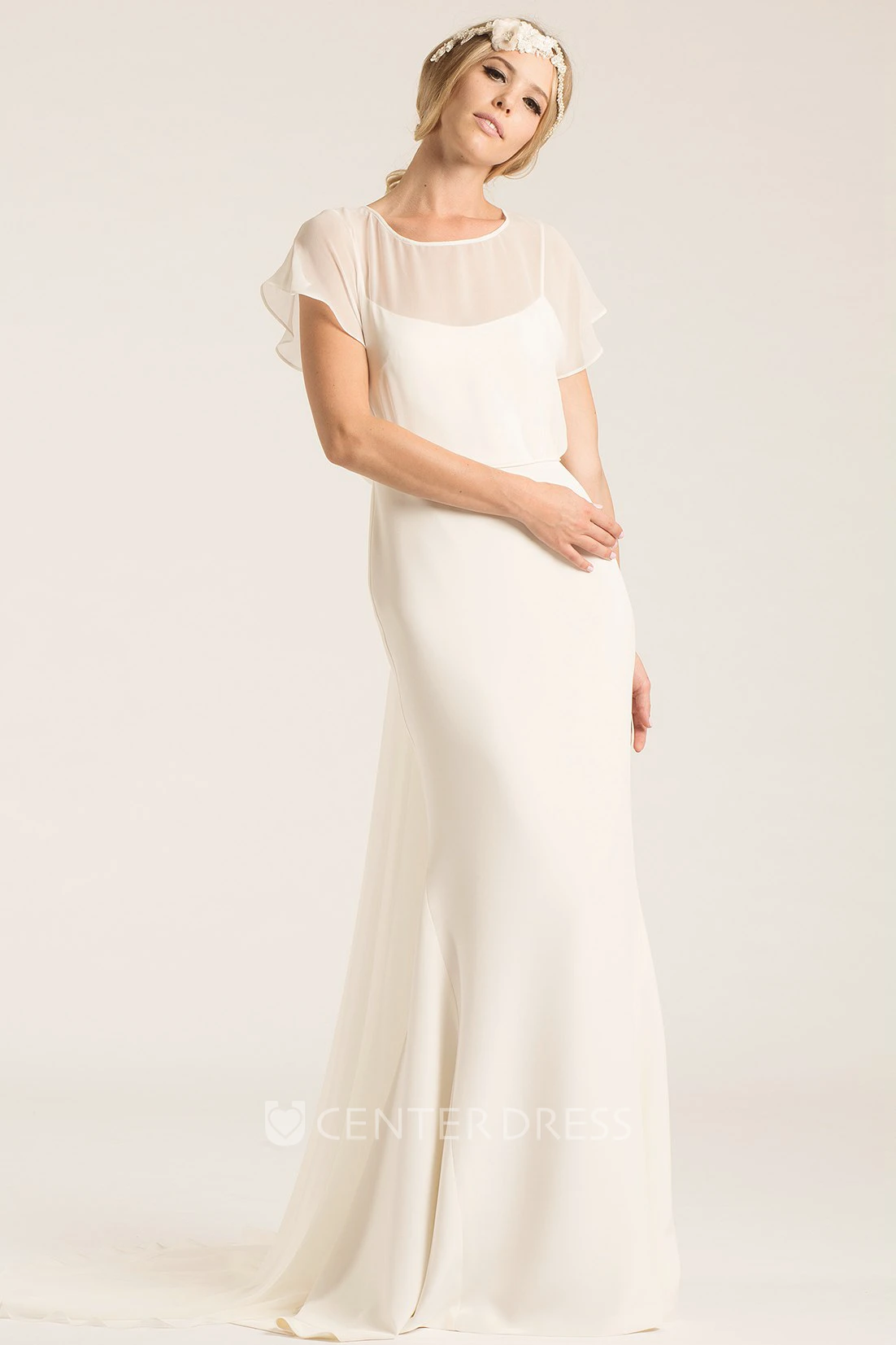 Scoop Long Poet-Sleeve Chiffon Wedding Dress With Court Train And V Back
