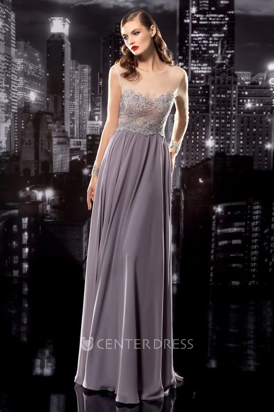 Sheath Long Jewel-Neck Sleeveless Chiffon Low-V Back Dress With Appliques And Pleats