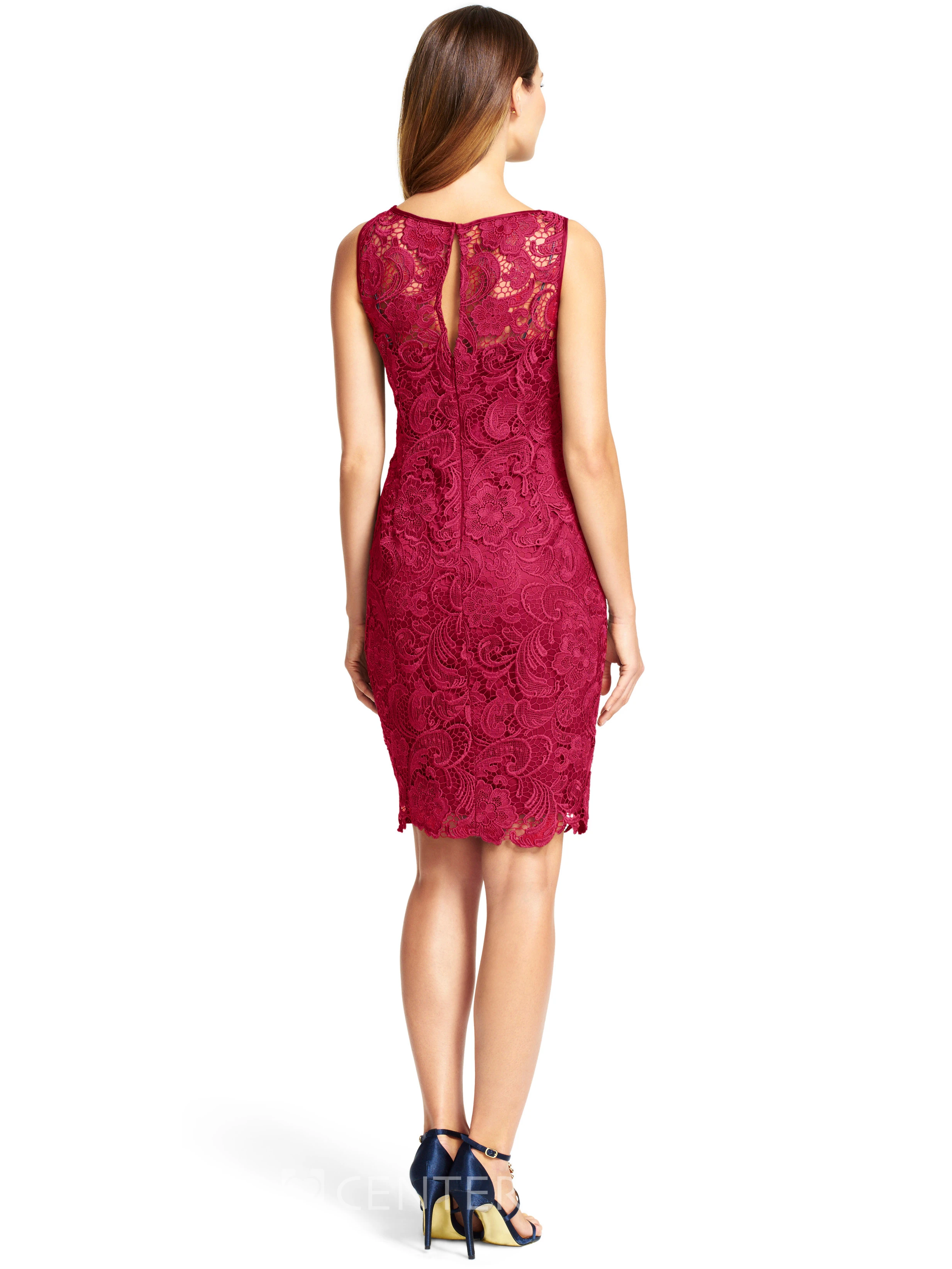 Short Sheath Appliqued Bateau Neck Sleeveless Lace Bridesmaid Dress