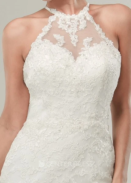 High Neck Long Appliqued Lace Wedding Dress With Sweep Train And Illusion