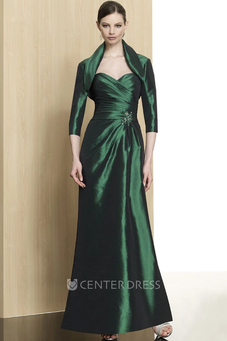 Sheath 3-4-Sleeve Sweetheart Ankle-Length Criss-Cross Satin Formal Dress With Broach And Cape