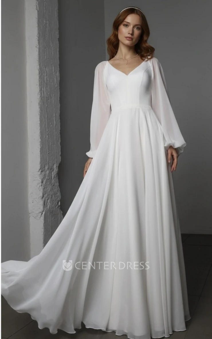 Modest Simple Long Sleeve A-Line Maxi Spring Wedding Dress Formal Minimalist Outdoor Country Garden Floor Length Bridal Gown with No Train