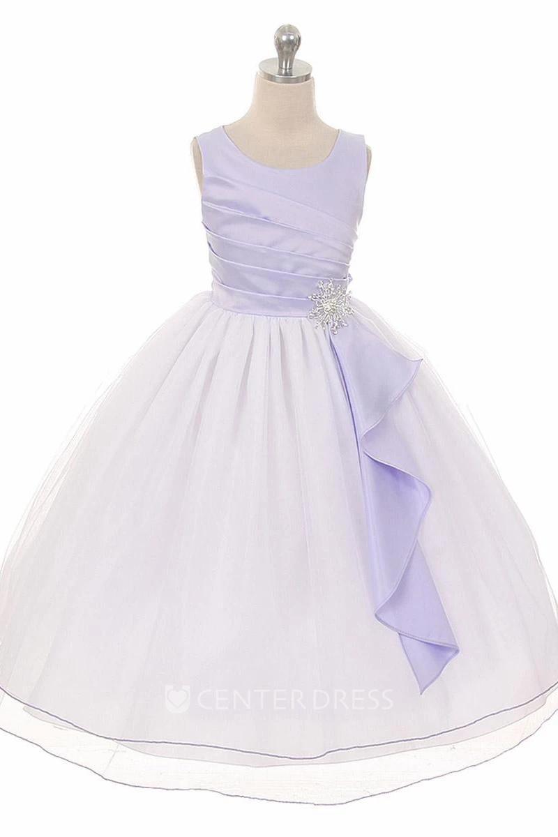 Broach Tea-Length Pleated Satin Flower Girl Dress With Ruffles