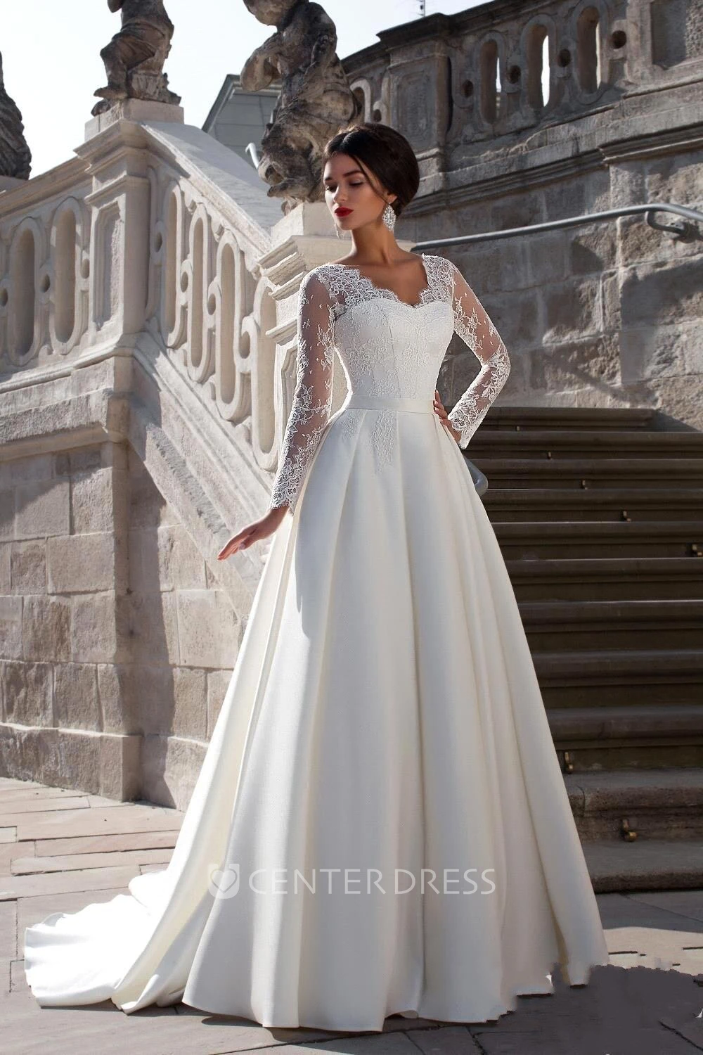 A-Line Long Jewel-Neck Illusion-Sleeve Empire Corset-Back Chiffon Dress  With Beading And Pleatings - UCenter Dress