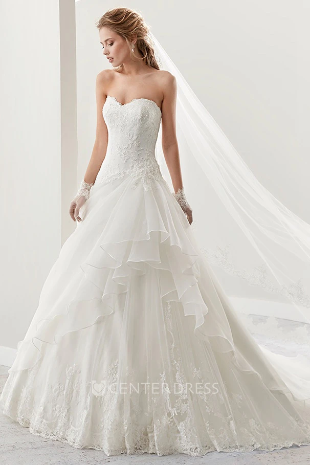 Sweetheart A-Line Lace Bridal Gown With Asymmetrical Ruffles Overlayer And Lace-Up Back
