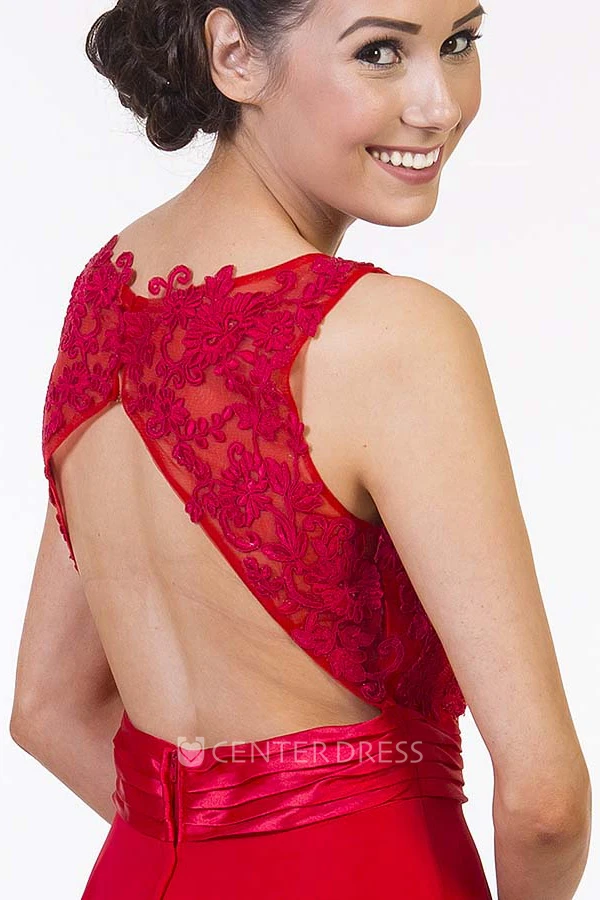 A-Line Appliqued Scoop Sleeveless Maxi Chiffon Prom Dress With Keyhole Back