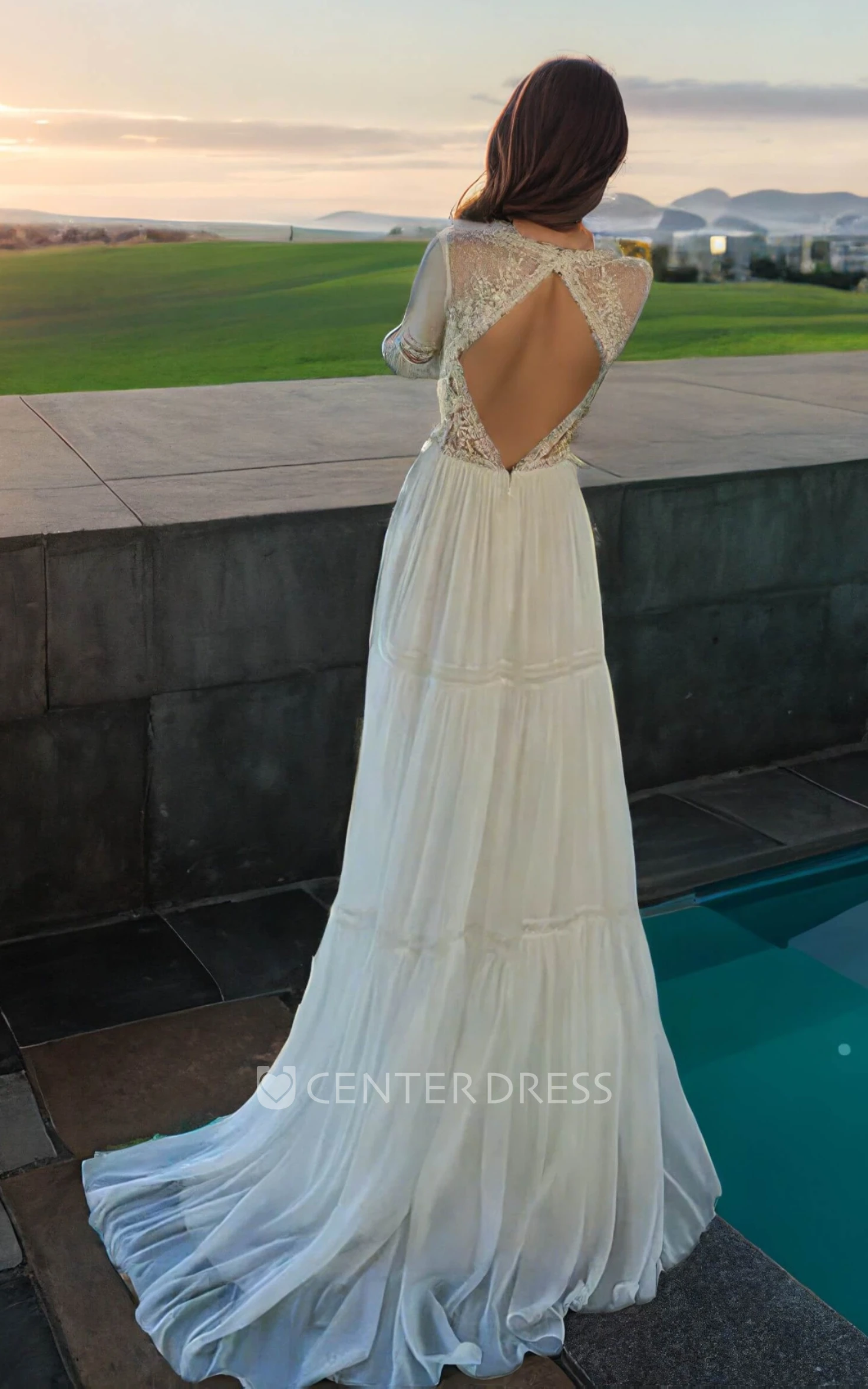 Ethereal Sweep Train Illusion Long Sleeve Chiffon Wedding Dress