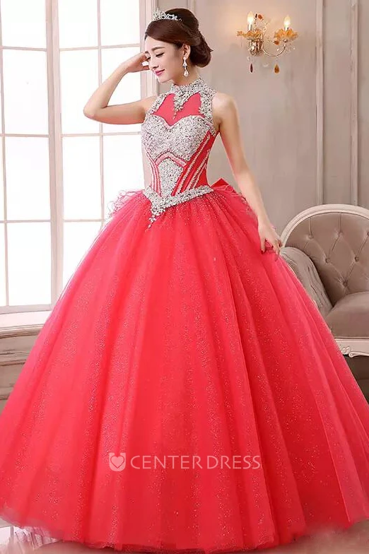 Sleeveless Ball Gown High Neck Floor-length Organza Tulle Prom Dress with Beading and Ruffles