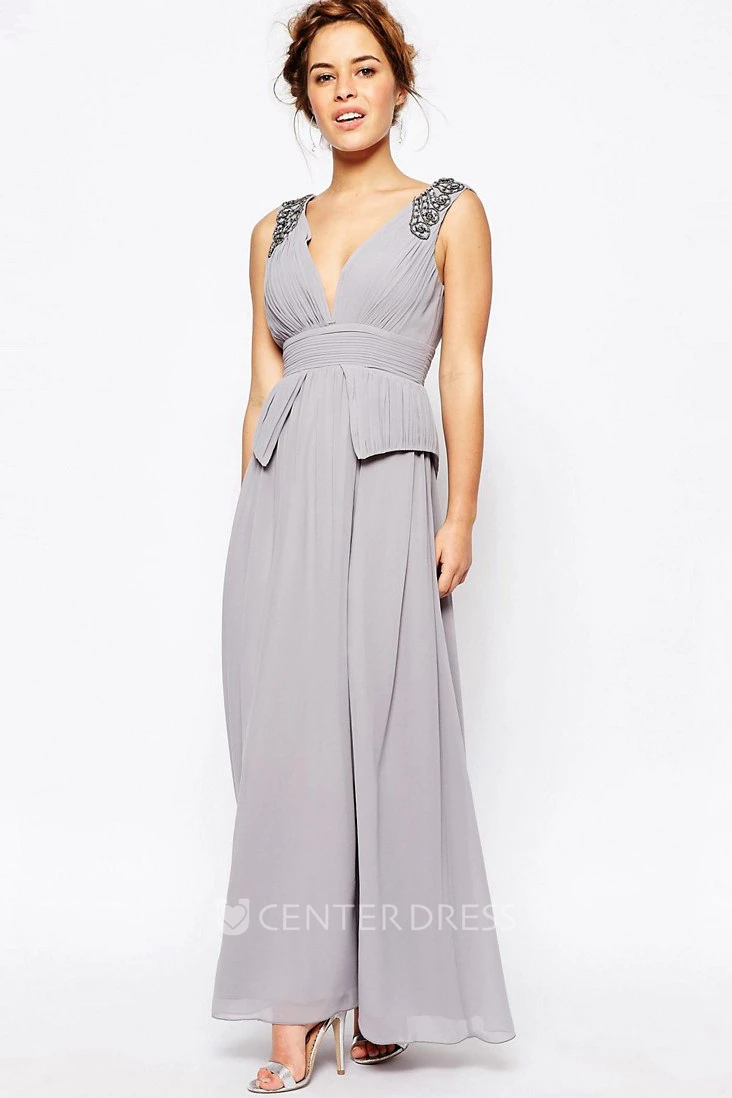 A-Line Ruched Ankle-Length V-Neck Sleeveless Chiffon Bridesmaid Dress With Beading