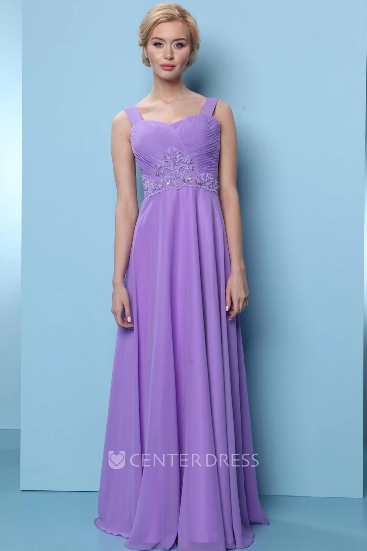 Sleeveless Appliqued Strapped Chiffon Bridesmaid Dress With Ruching And Lace-Up