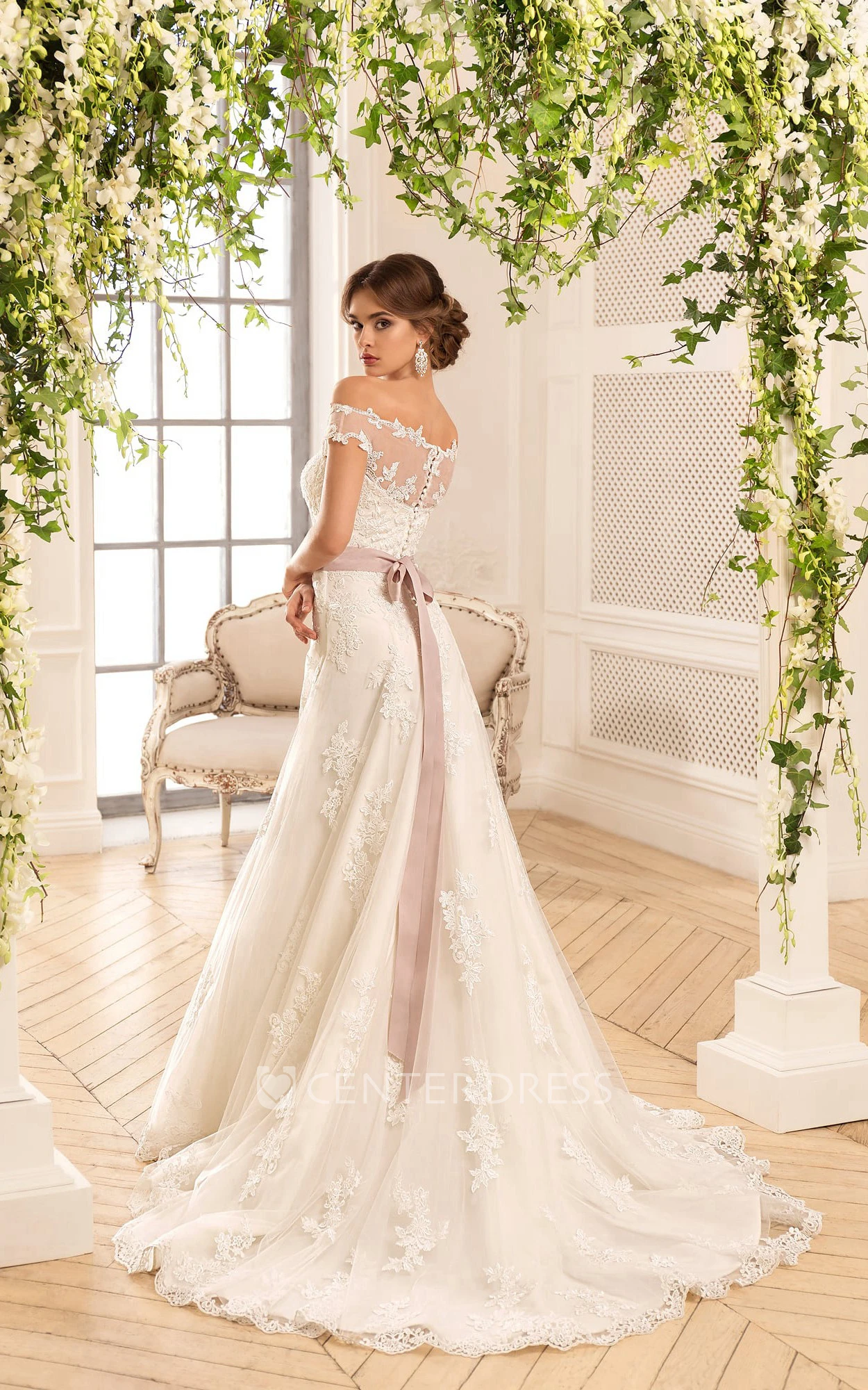 A-Line Long Off-The-Shoulder Illusion Lace Dress With Appliques And Ribbon
