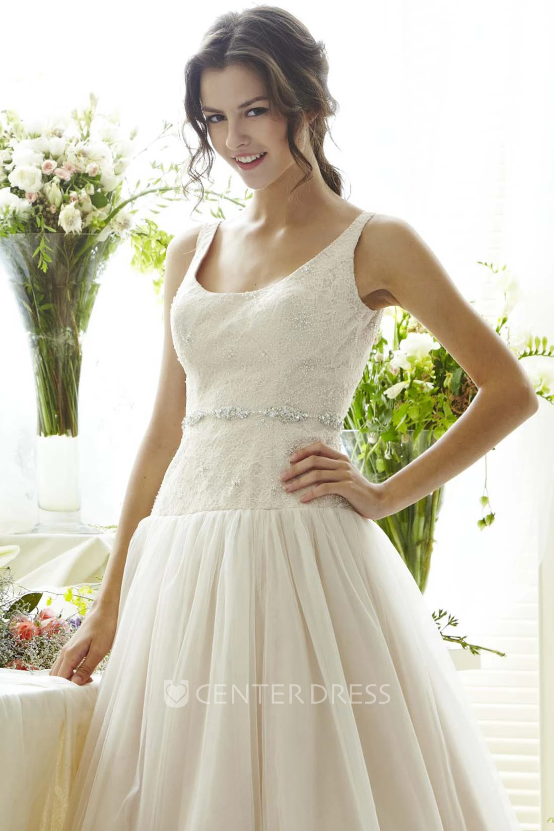 Long Square Jeweled Tulle Wedding Dress With Sweep Train And V Back
