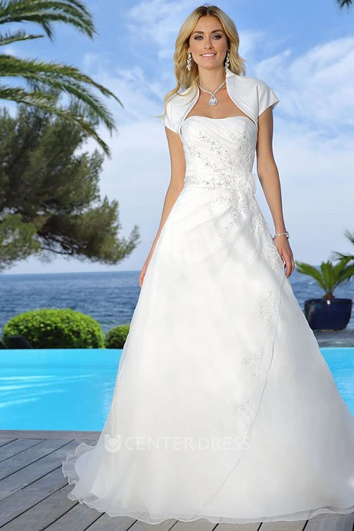 Strapless Floor-Length Appliqued Draped Satin Wedding Dress With Flower And Cape
