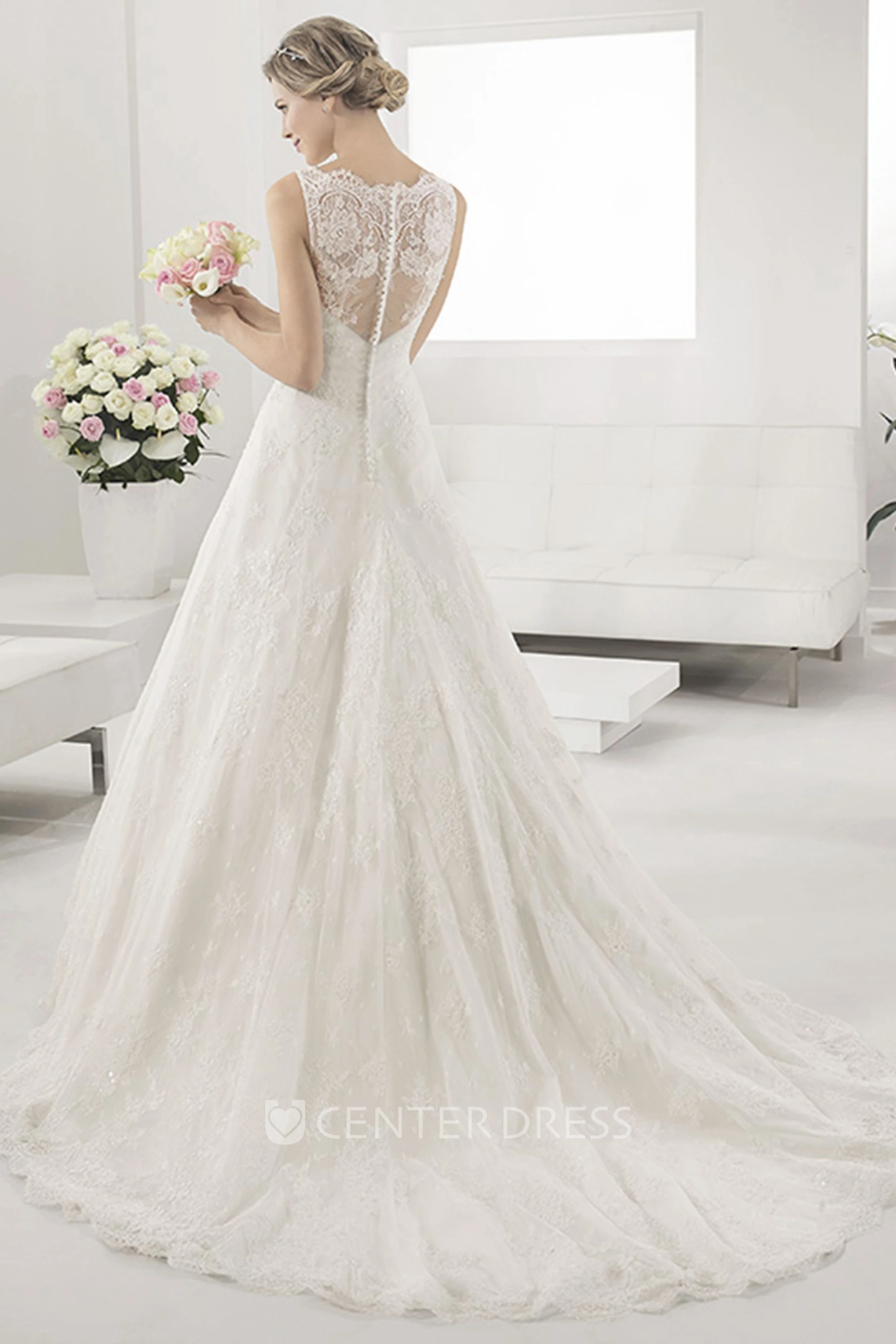 V Neck A-Line Lace Gown With Illusion Straps And Back