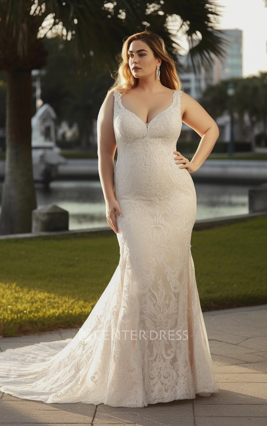 2025 Plus Size Mermaid Lace Tulle Wedding Dress Sleeveless Country Garden