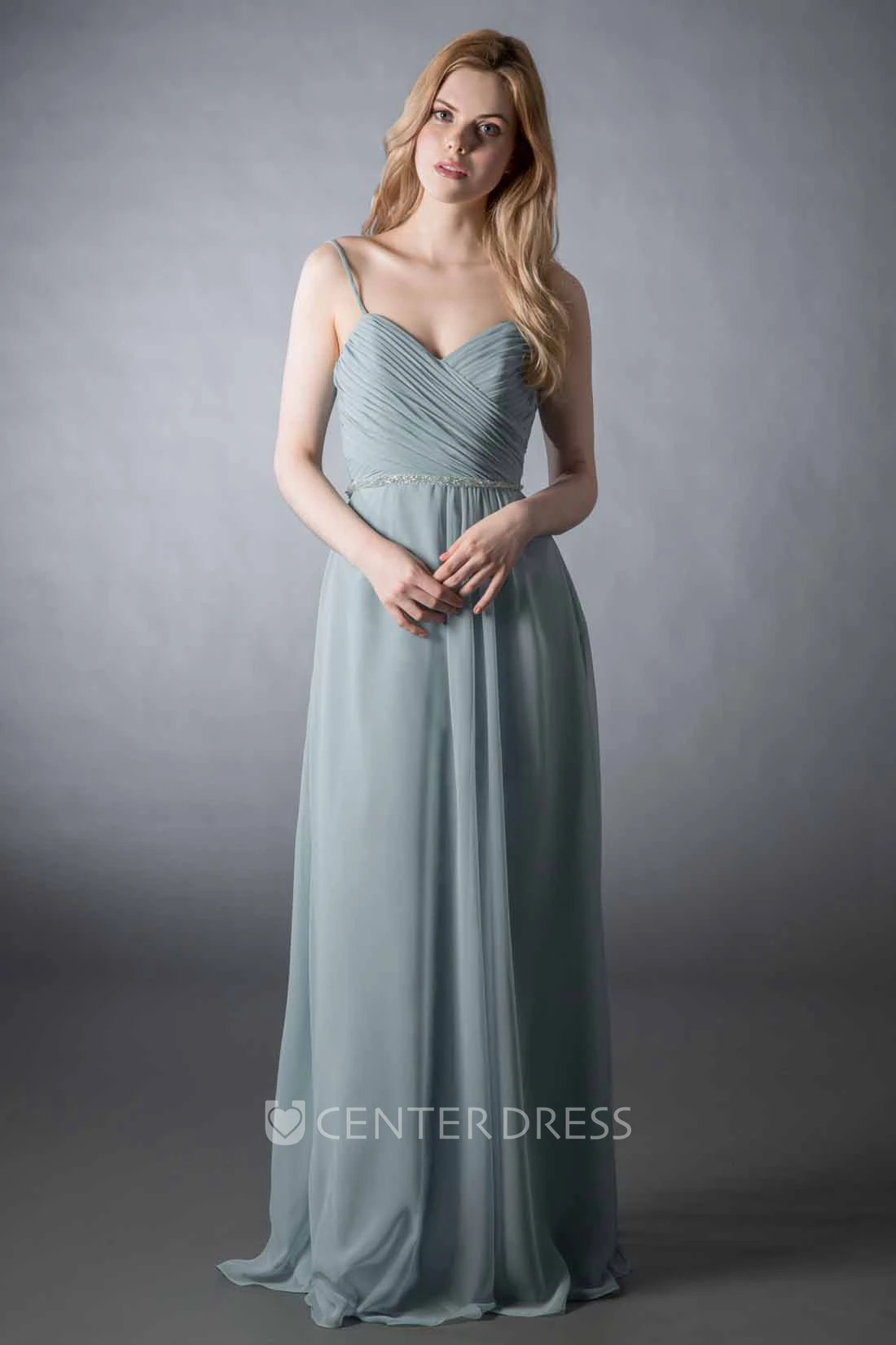 Sheath Spaghetti Long Criss-Cross Sleeveless Chiffon Bridesmaid Dress With Low-V Back And Waist Jewellery