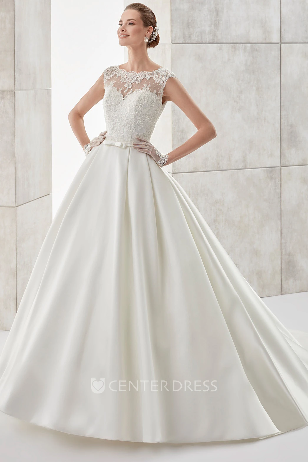 Scalloped-Neck Cap-Sleeve A-Line Satin Wedding Dress With Illusive Design And Brush Train