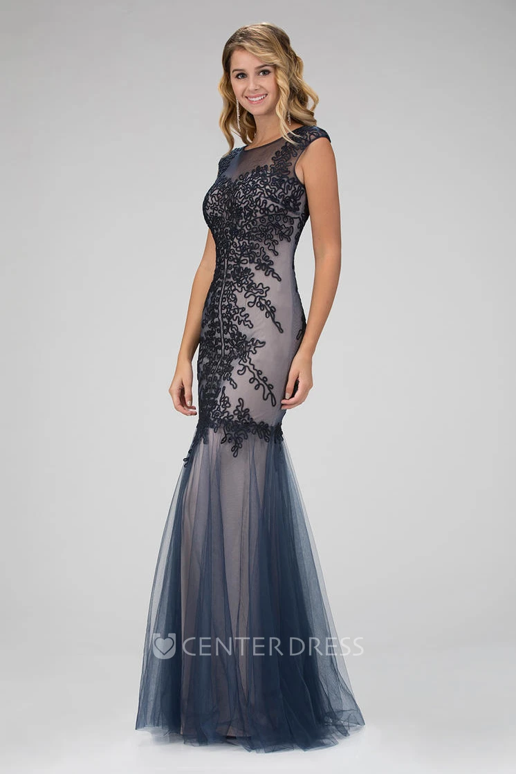 Mermaid Scoop-Neck Cap-Sleeve Tulle Illusion Dress With Embroidery