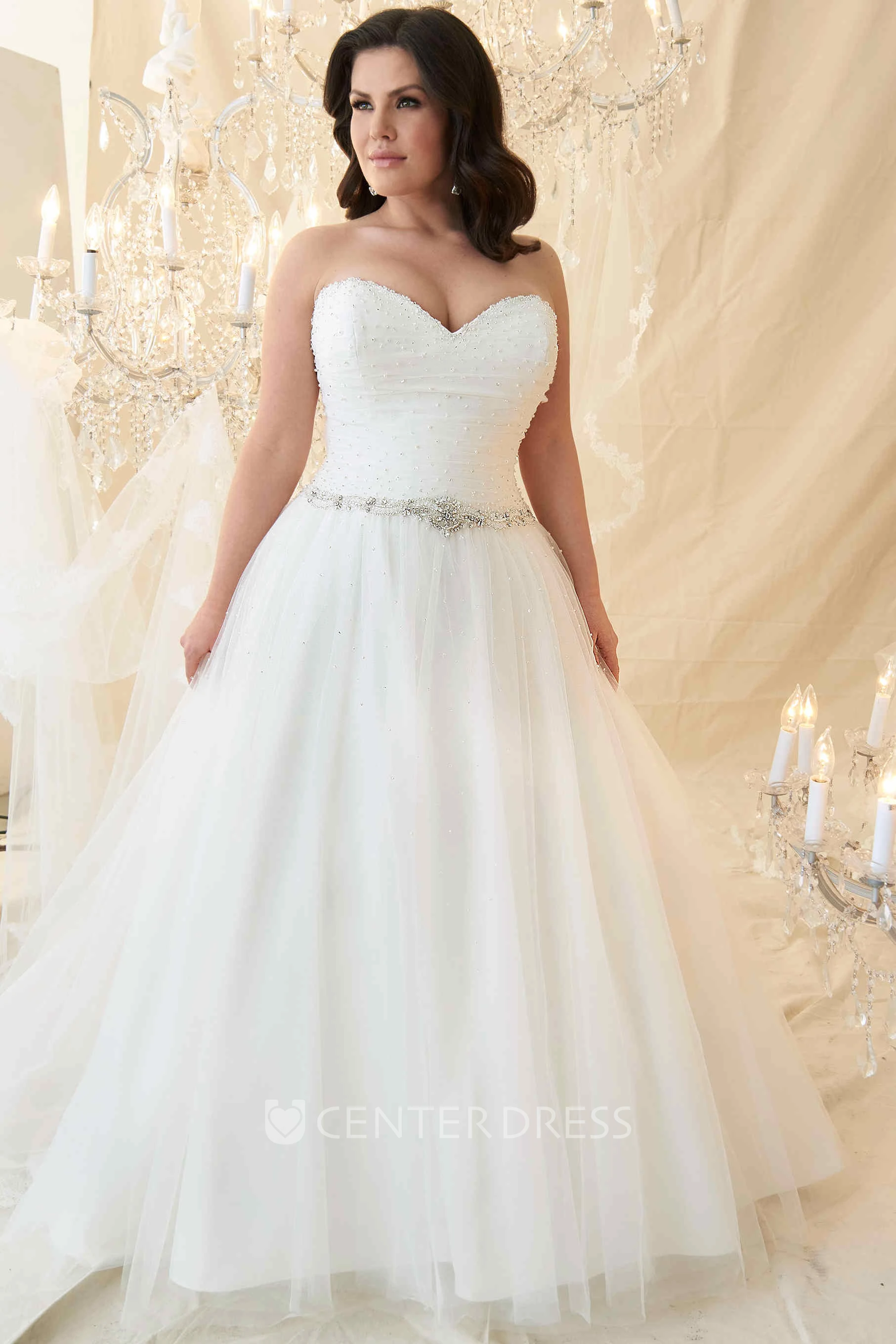 A-Line Sleeveless Long Beaded Sweetheart Tulle Plus Size Wedding Dress With Waist Jewellery