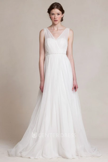 A-Line Jeweled V-Neck Long Sleeveless Tulle Wedding Dress With Pleats