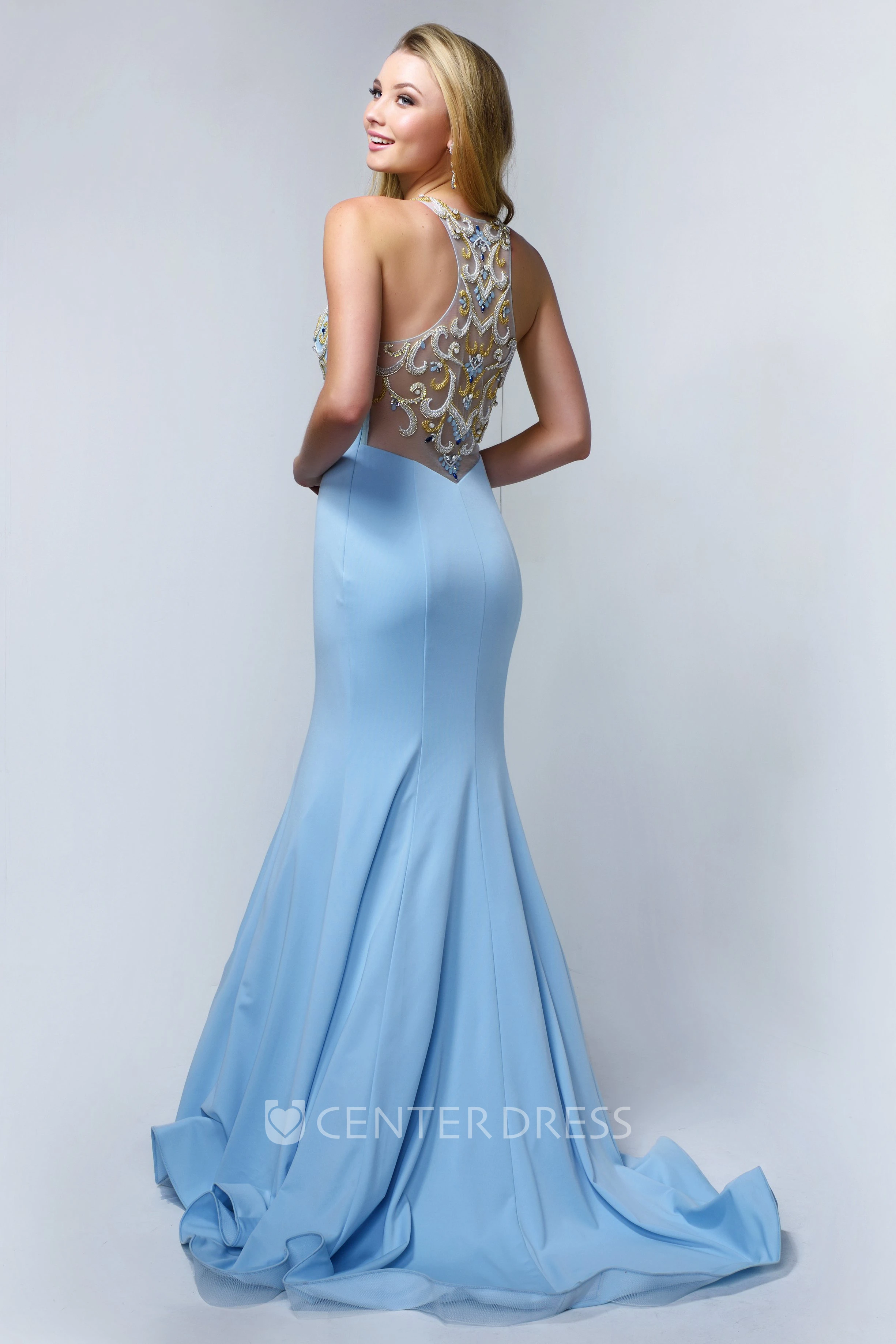Trumpet Scoop-Neck Sleeveless Jersey Illusion Dress With Beading And Ruffles