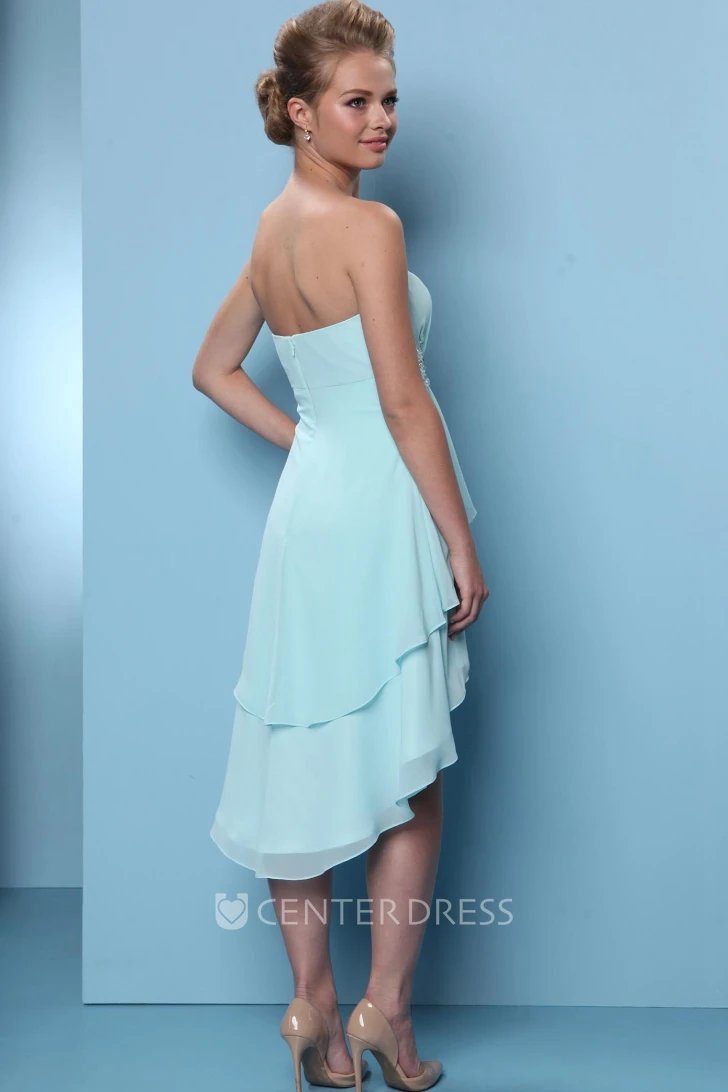 High-Low Sleeveless Sweetheart Beaded Chiffon Bridesmaid Dress With Draping