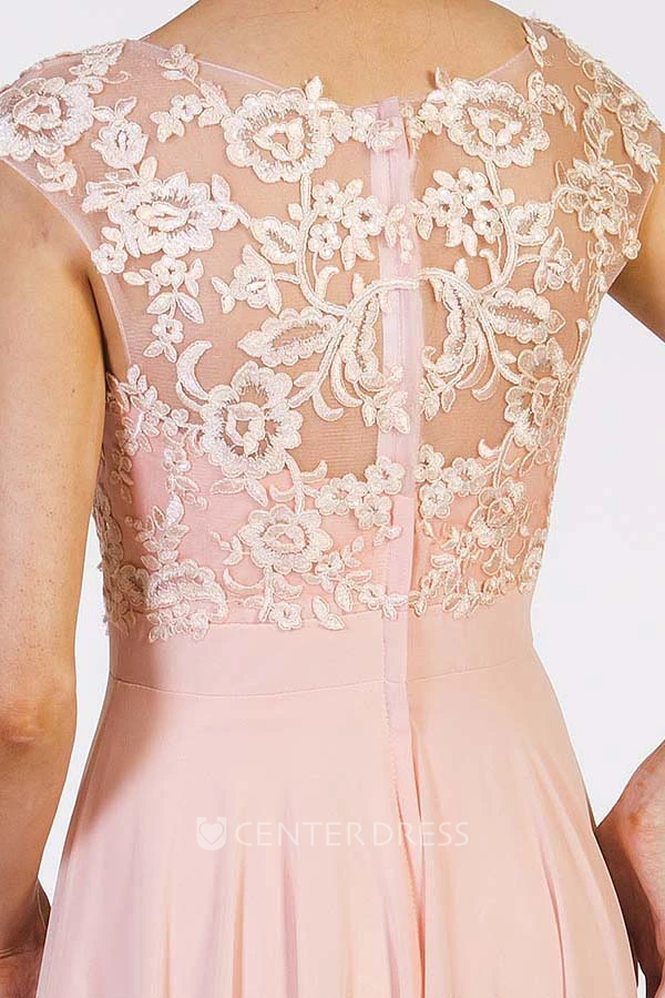 Embroidered Scoop-Neck Floor-Length Cap-Sleeve Chiffon Prom Dress
