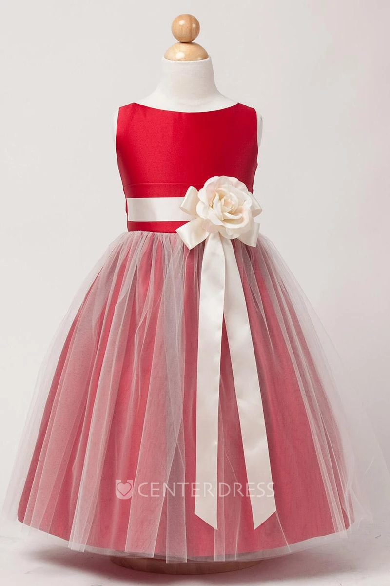 Tea-Length Tiered Tulle&Satin Flower Girl Dress