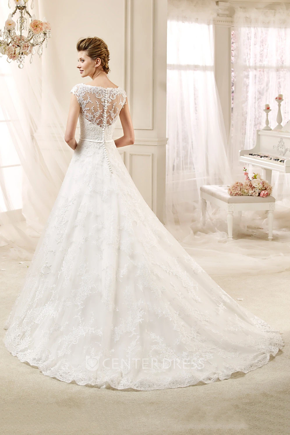 Cap sleeve A-line Lace Wedding Gown with Appliques and Jewel Neckline 