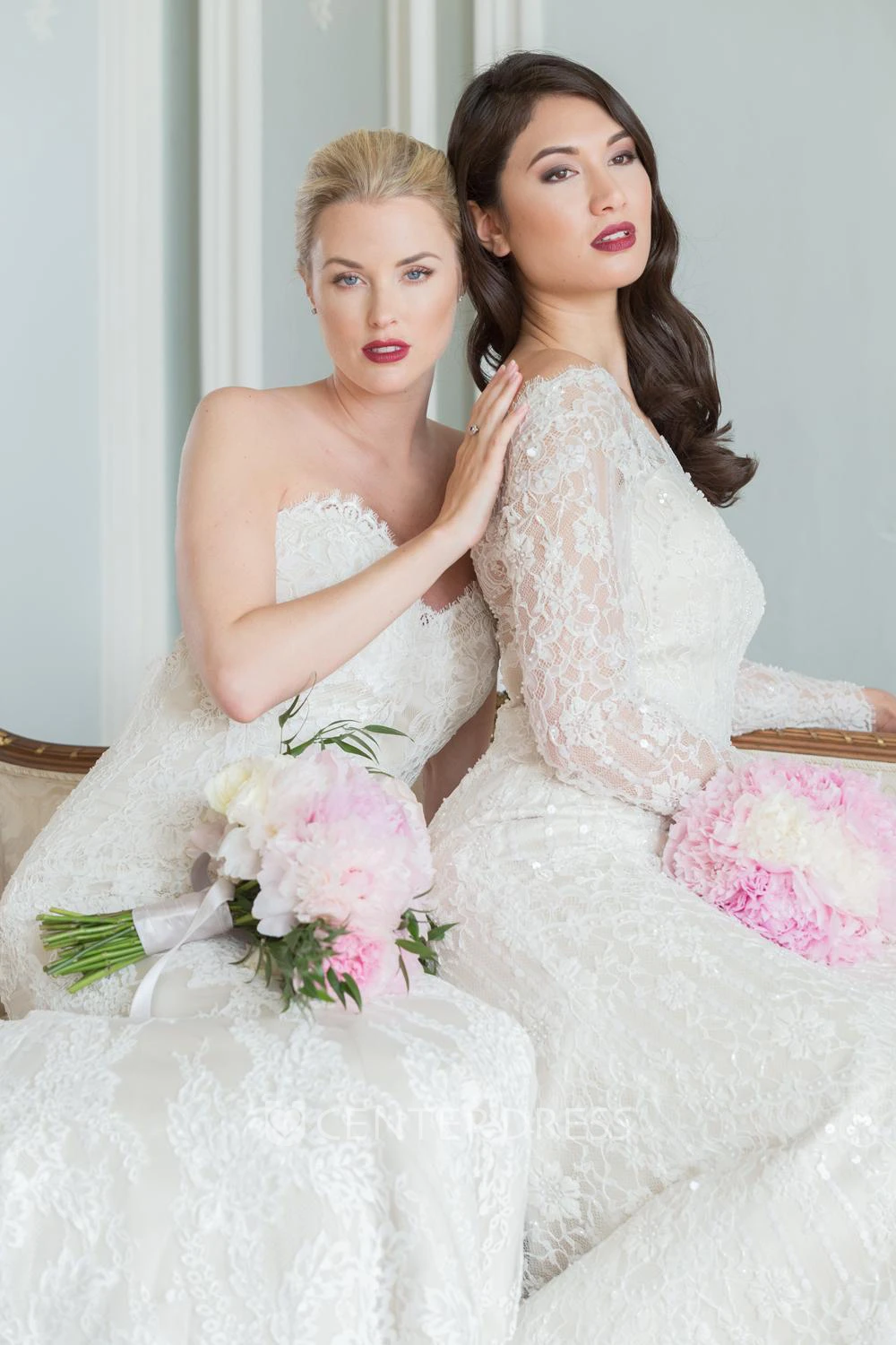 Off-The-Shoulder Beaded Floor-Length Long-Sleeve Lace Wedding Dress