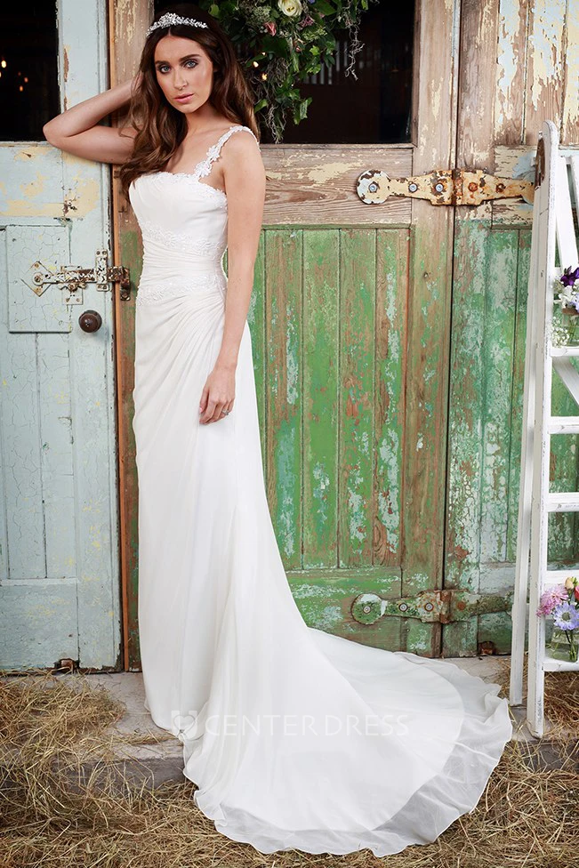 Sheath Draped Floor-Length Spaghetti Chiffon Wedding Dress With Appliques And Brush Train
