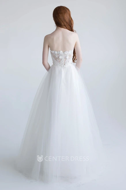 A-Line Strapless Sleeveless Maxi Floral Tulle Wedding Dress With Appliques