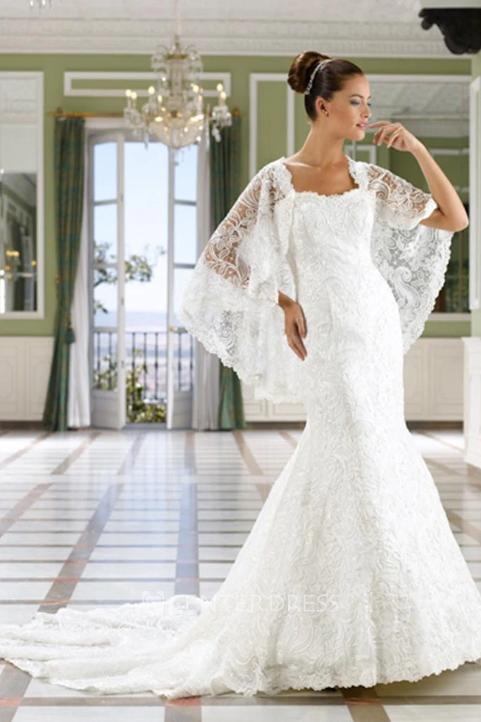 Sheath Maxi Caped Sleeveless Lace Wedding Dress With Court Train And Low-V Back