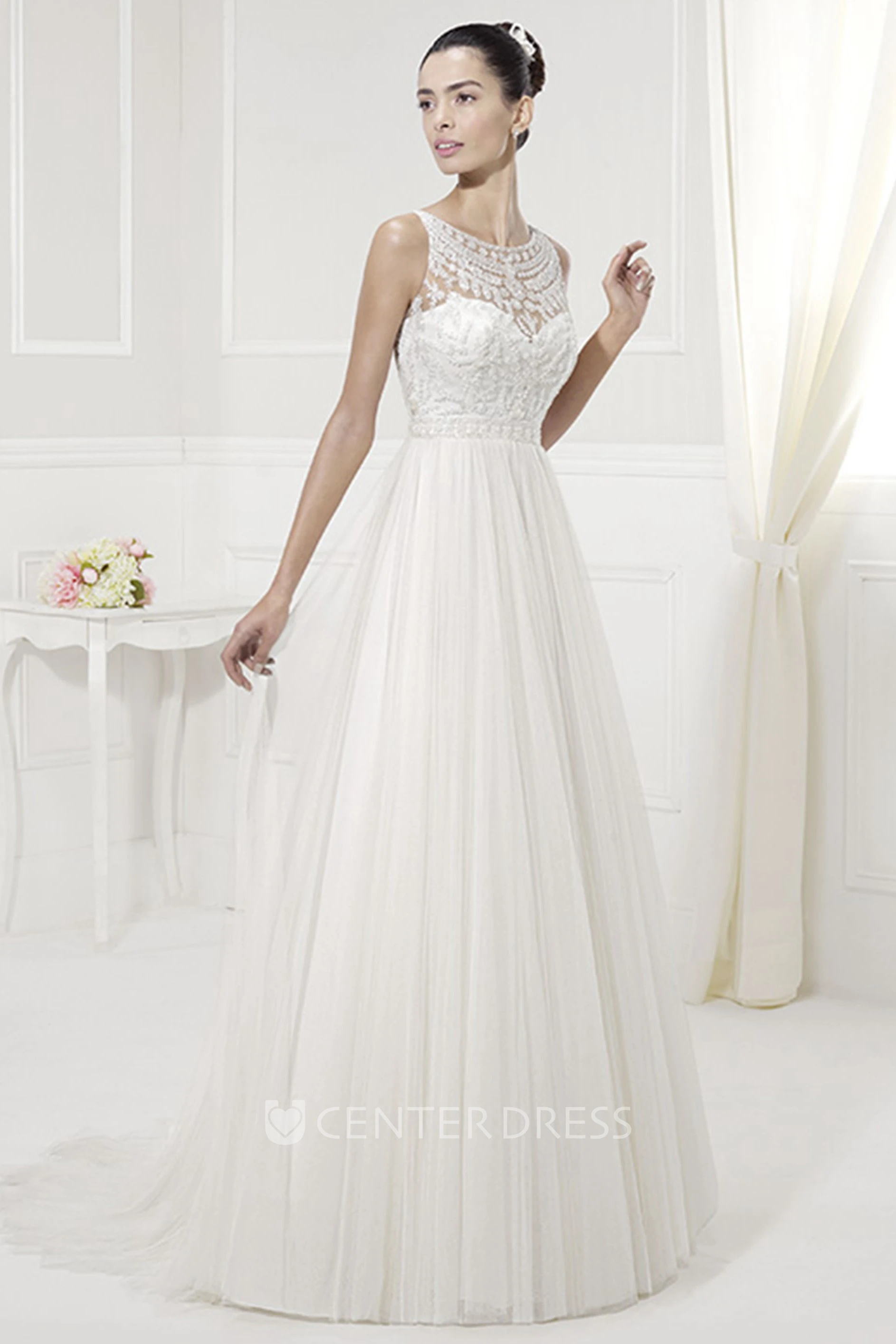 Jewel Neckline Appliqued Top Tulle Pleated Bridal Gown