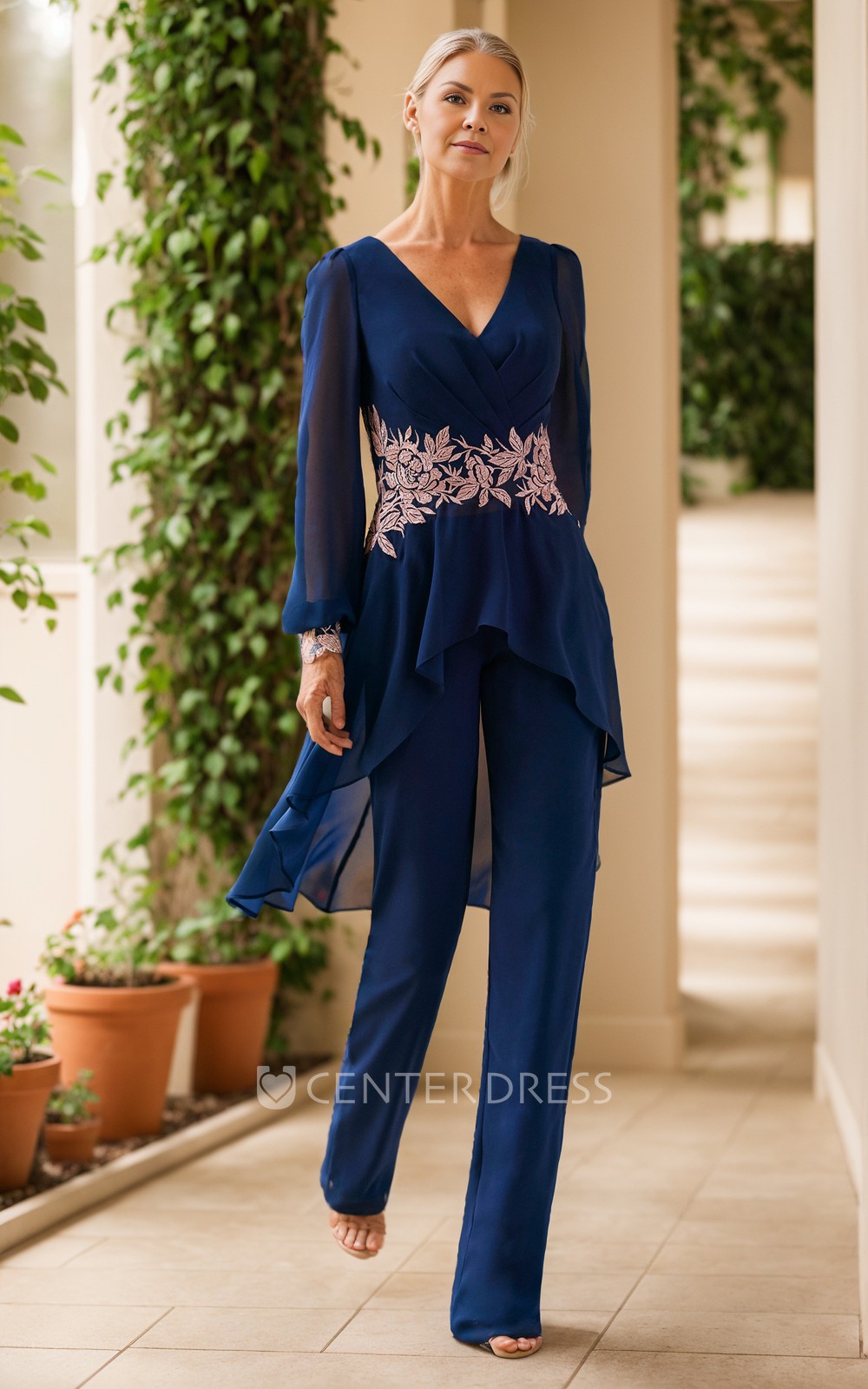 Lace Appliques Chiffon Two Piece Modern V neck Long Sleeve Elegant Pleats Mother Evening Cocktail Dress with Zipper Back UCenter Dress
