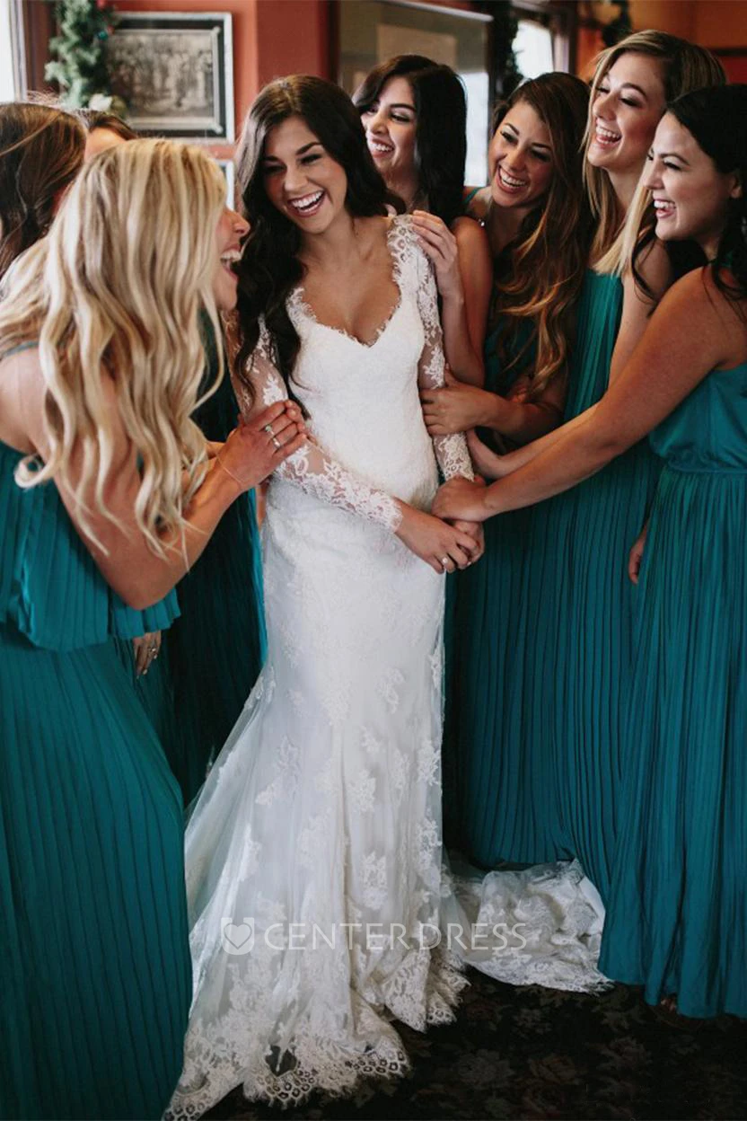 Sheath V-neck Lace Deep-V Back Spring Wedding Dress