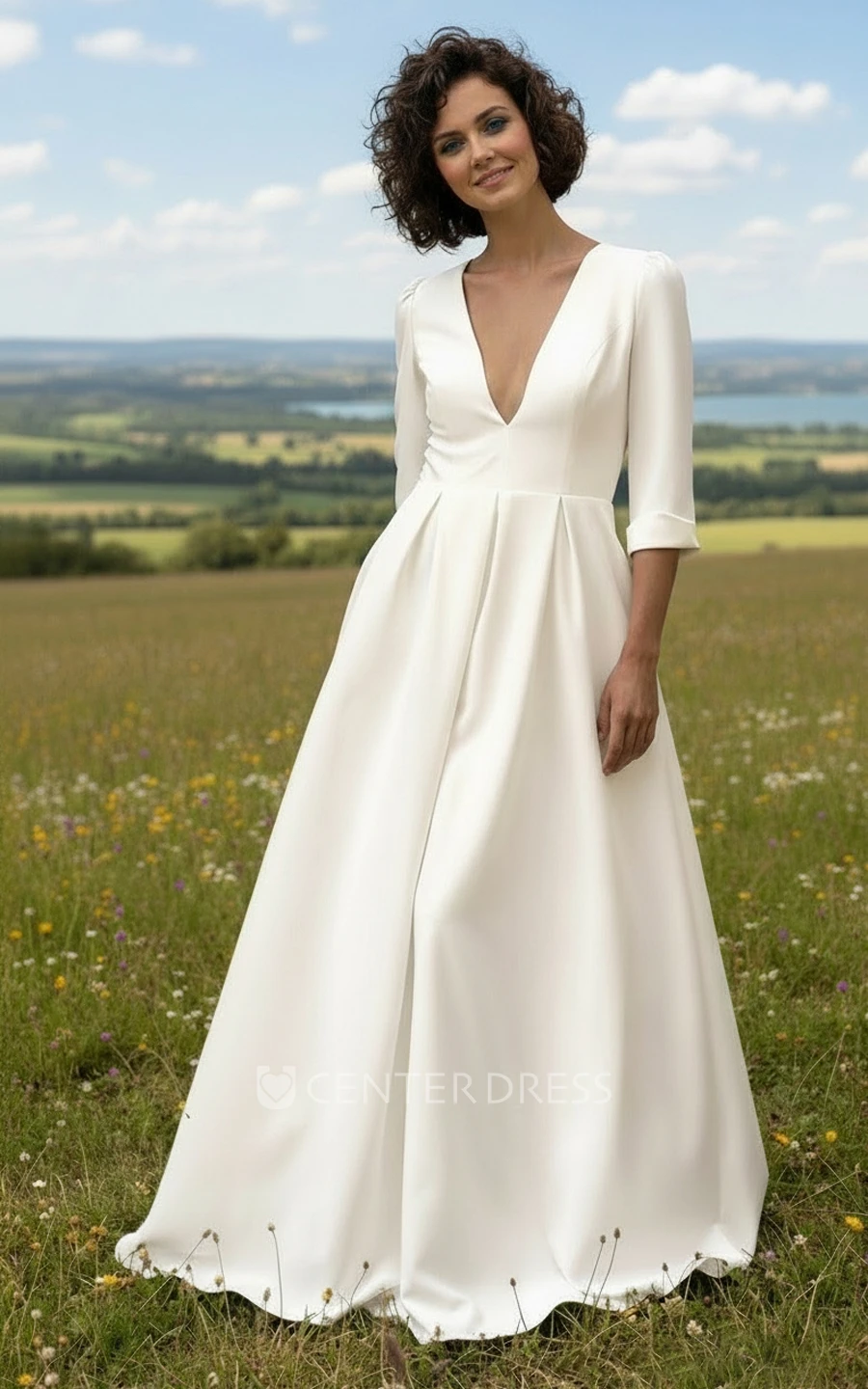 Simple A-Line V-Neck Wedding Dress with 3/4 Sleeves Casual Lace Back Bridal Gown