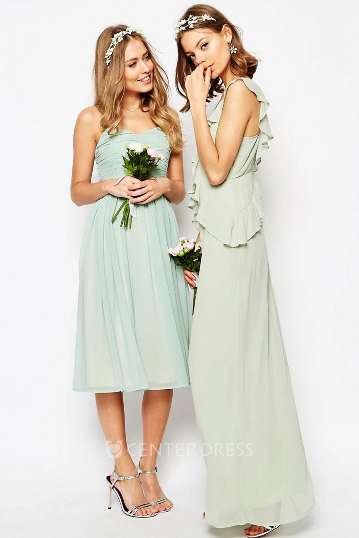 Tea-Length A-Line Ruched Sleeveless Spaghetti Chiffon Bridesmaid Dress
