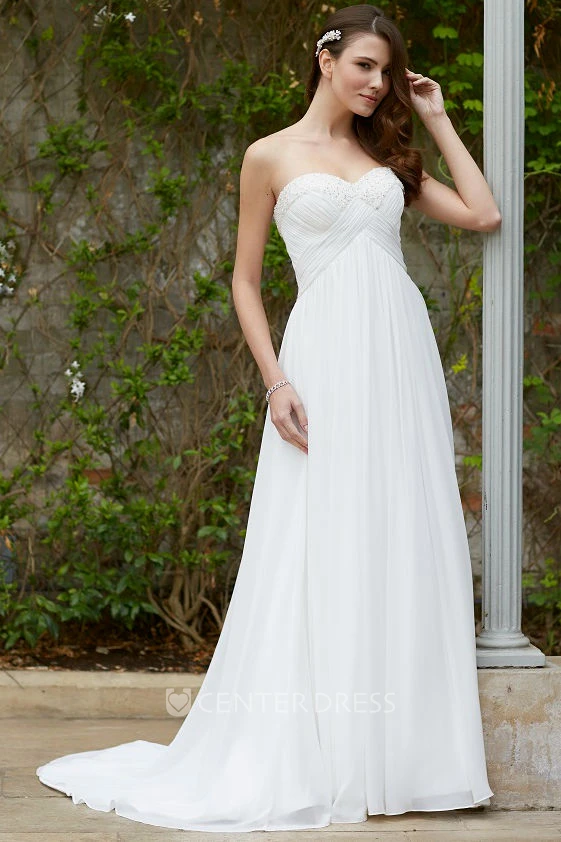 Sweetheart Long Criss-Cross Empire Chiffon Wedding Dress With Court Train